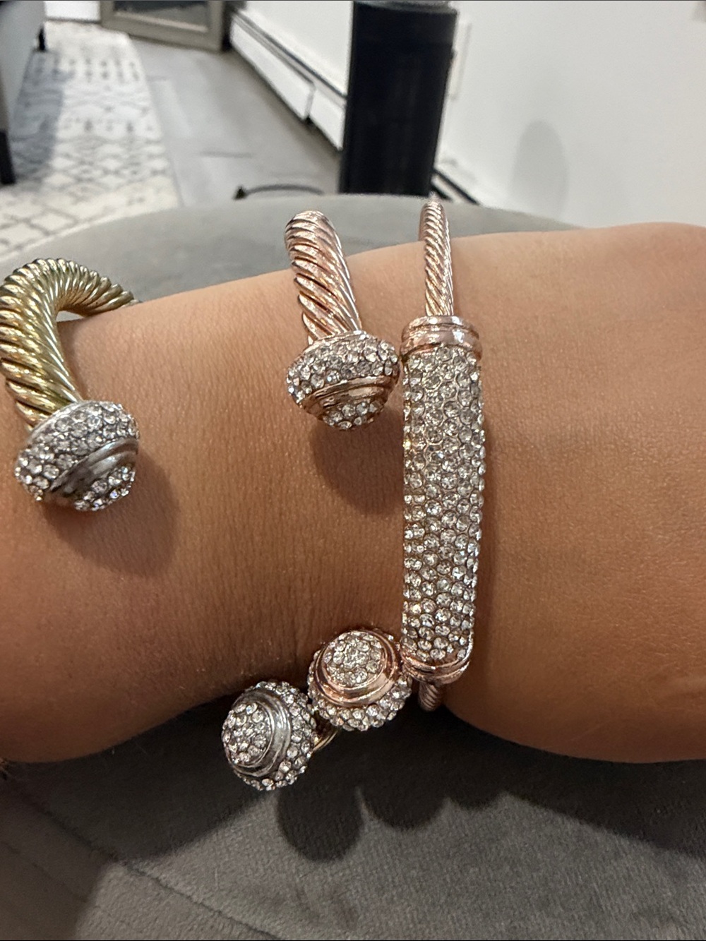 Guess Rose Gold Pave Cable Cuff Bracelet with Crystal End Caps